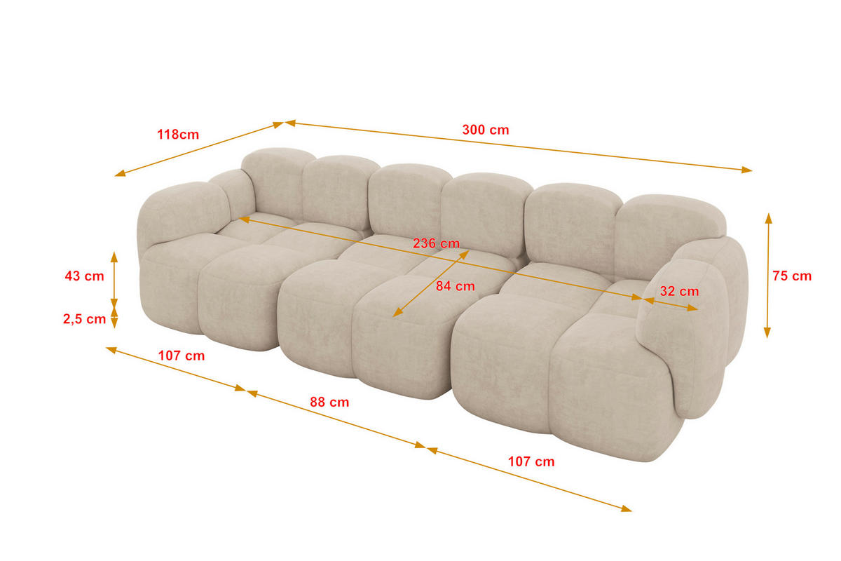 3-SITZER modulares Sofa Miko-S2 300x118x75 cm Beige Velours - Ecru/Schwarz, Holzwerkstoff/Kunststoff (300/75/118cm) - ALTDECOR
