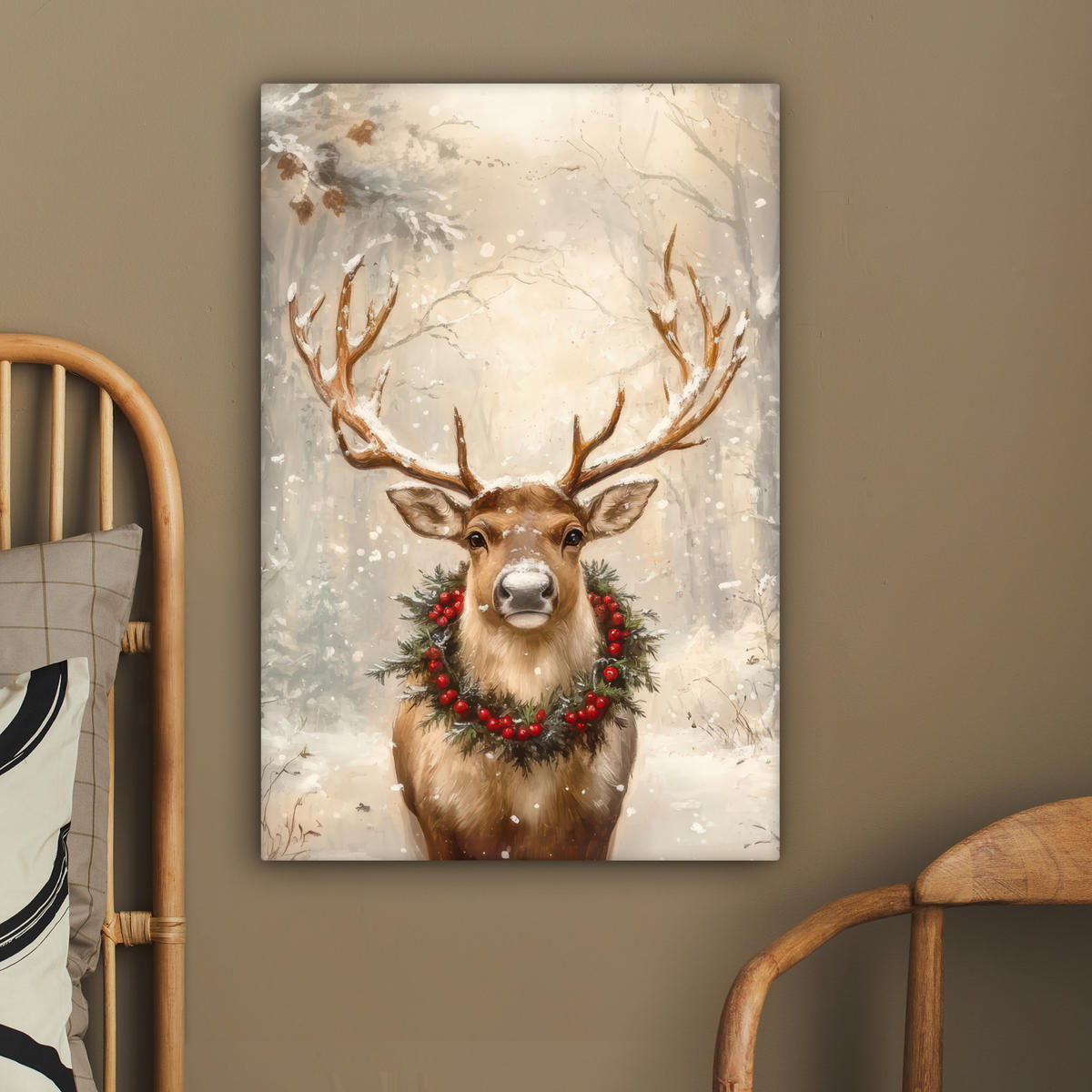 LEINWANDBILD Weihnachten - Rentier - Winter - Kranz 40x60 cm - Naturfarben, Textil (40/60cm) - MuchoWow
