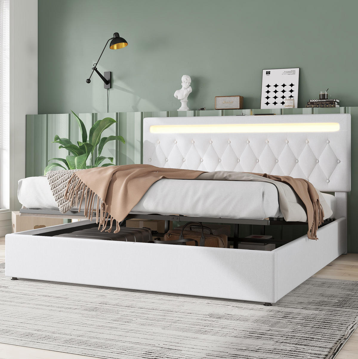 POLSTERBETT aus Leinen 180x200 cm in Weiß mit LED, USB-C & Stauraum - Weiß, Textil (180/200cm) - Modfu
