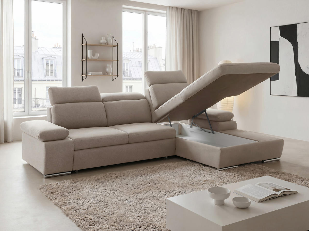 ECKSOFA PABLO mit Schlaffunktion und Bettkasten Beige - Beige, Holzwerkstoff/Kunststoff (250/90cm) - Idohome