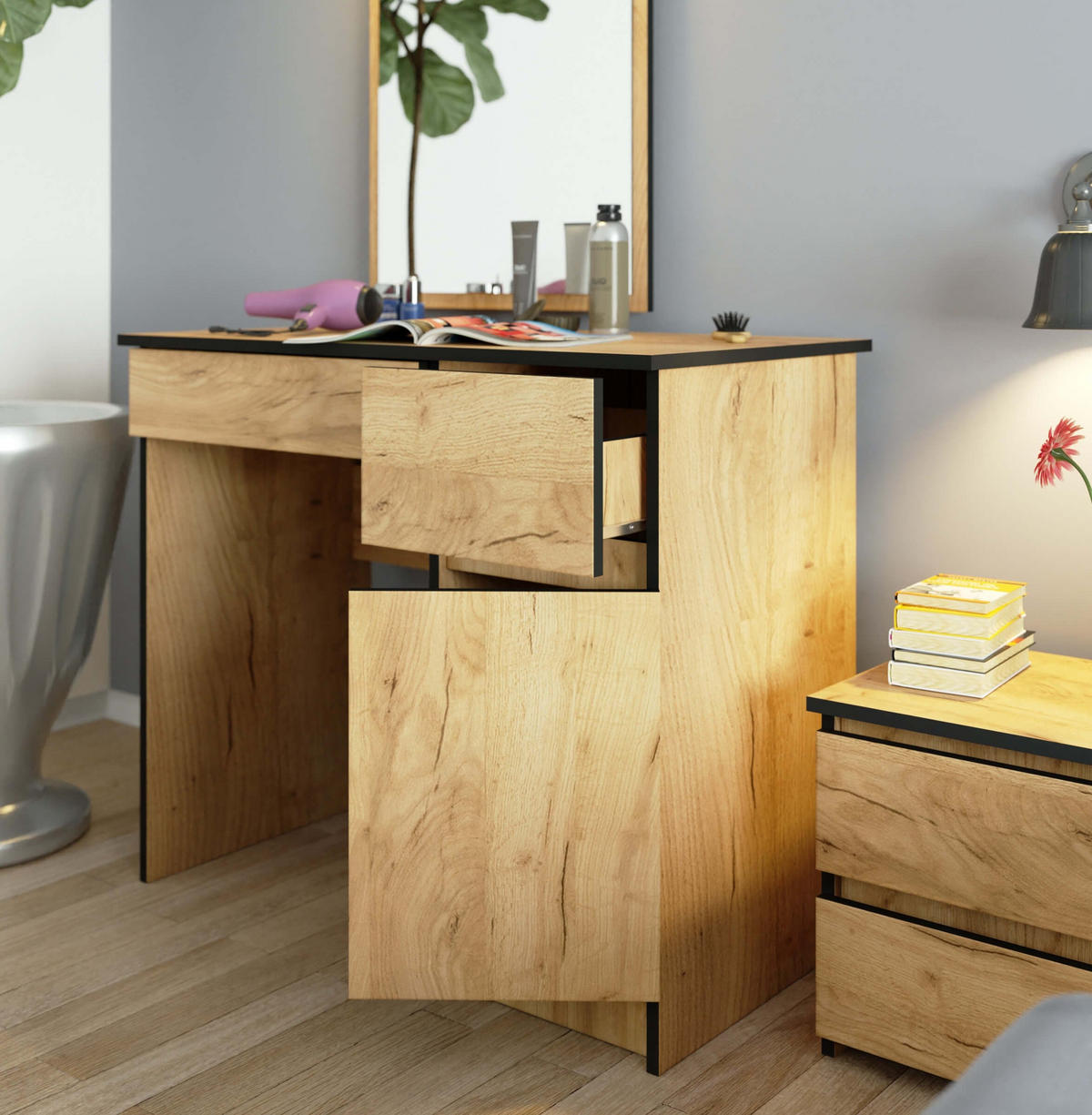 SCHMINKTISCH mit Spiegel - Eiche Artisan, Holzwerkstoff (90/142/50cm) - RAUMHIRSCH FURNITURE