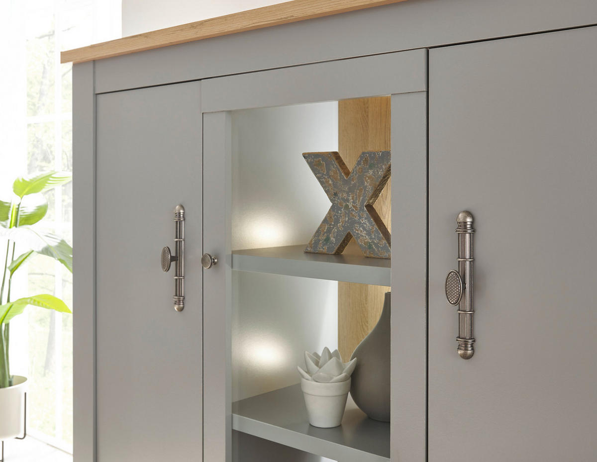 HIGHBOARD grau, Artisan Eiche Landhaus 138 cm, Vitrine mit 11 Fächern - Silberfarben/Hellgrau, Glas/Holzwerkstoff (138/142/44cm) - Furn.Design