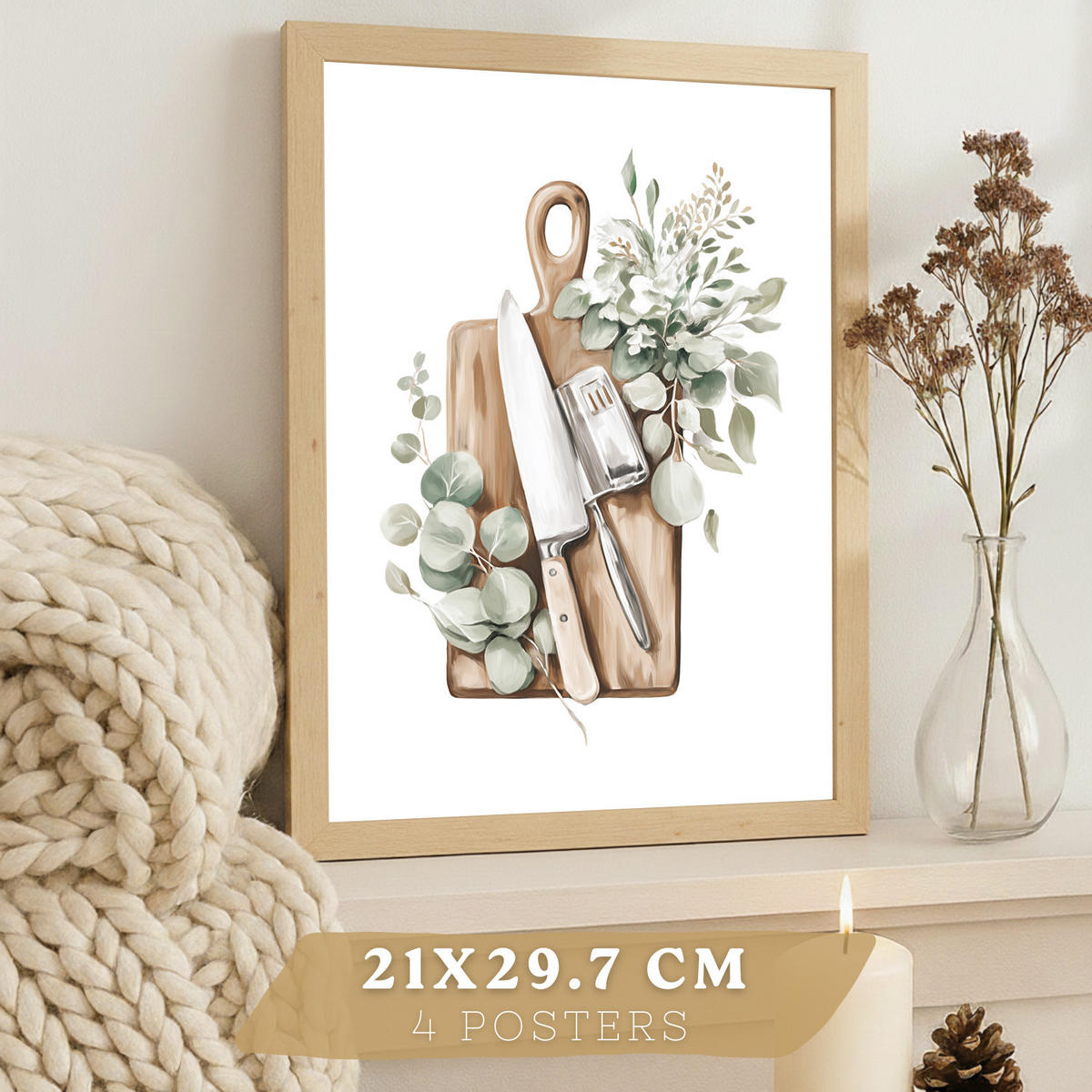 PLAKAT Sada 4 dekorativních nástěnných tisků, Botanická kuchyně. Bohémský venkovský styl. Rustikální kuchyně. Velikost Bezrámové A4 - čirá, papír (21/29.7/3cm) - Nacnic