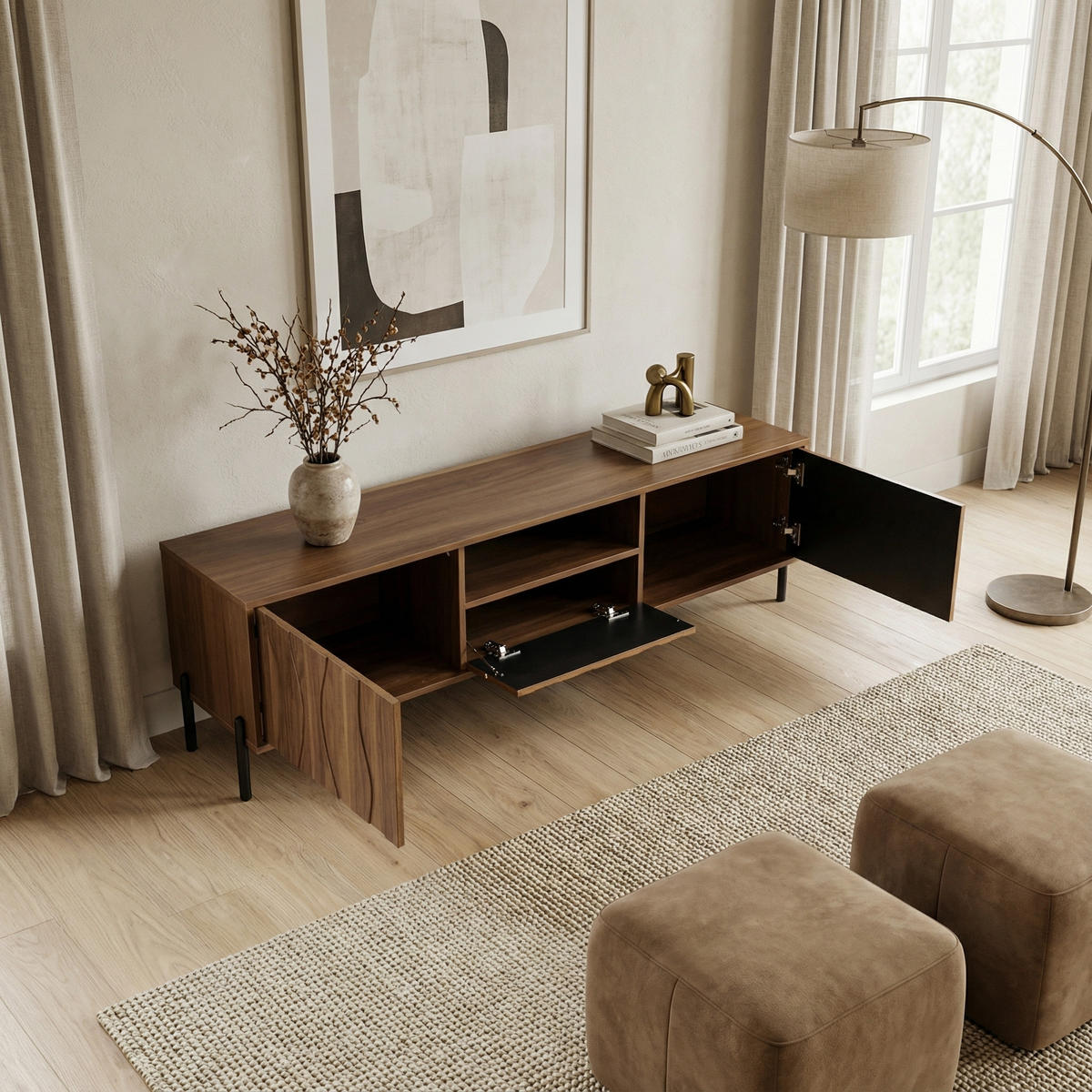 NIZKA OMARICA 160 cm, naravna barva, 3 vrata - črna, leseni material (160/46/35cm) - Urban Meuble