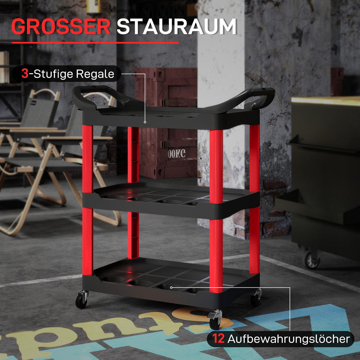WERKSTATT-ROLLWAGEN mit 3 Etagen, Werkzeugwagen mit Griff, Hakenlöchern Schwarz - Schwarz, Kunststoff (43/97/83cm) - HOMCOM
