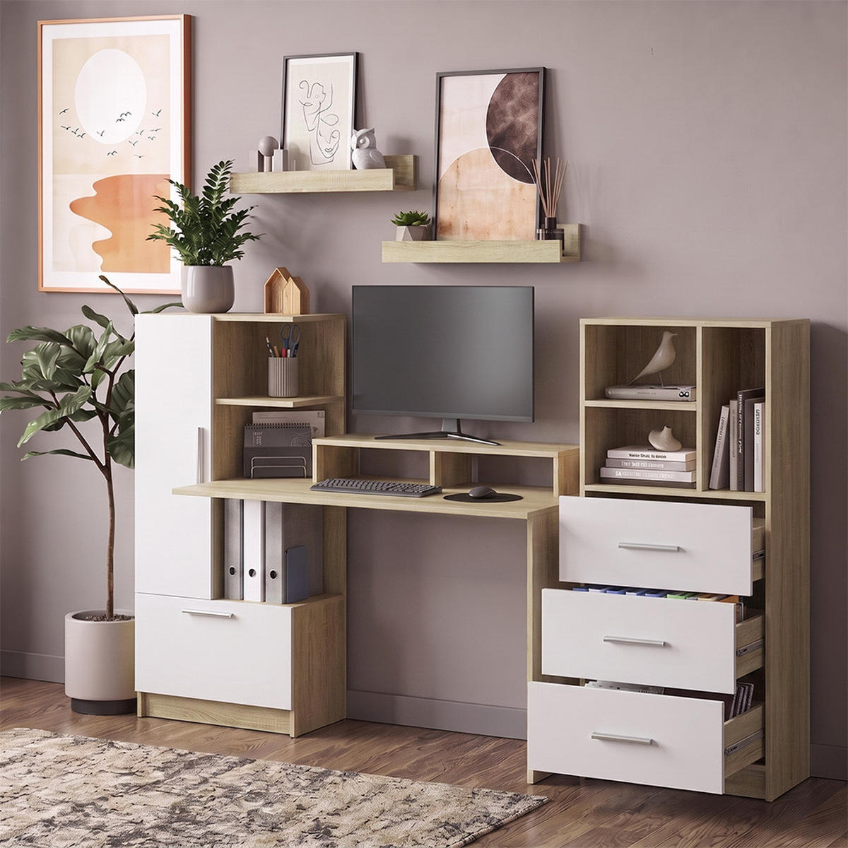 UNIVERSALSCHRANK Tomy, Sonoma/Weiß, 60 x 120 cm mit 3 Schubladen - Weiß/Sonoma Eiche, Holzwerkstoff (60/120/31.6cm) - Vicco