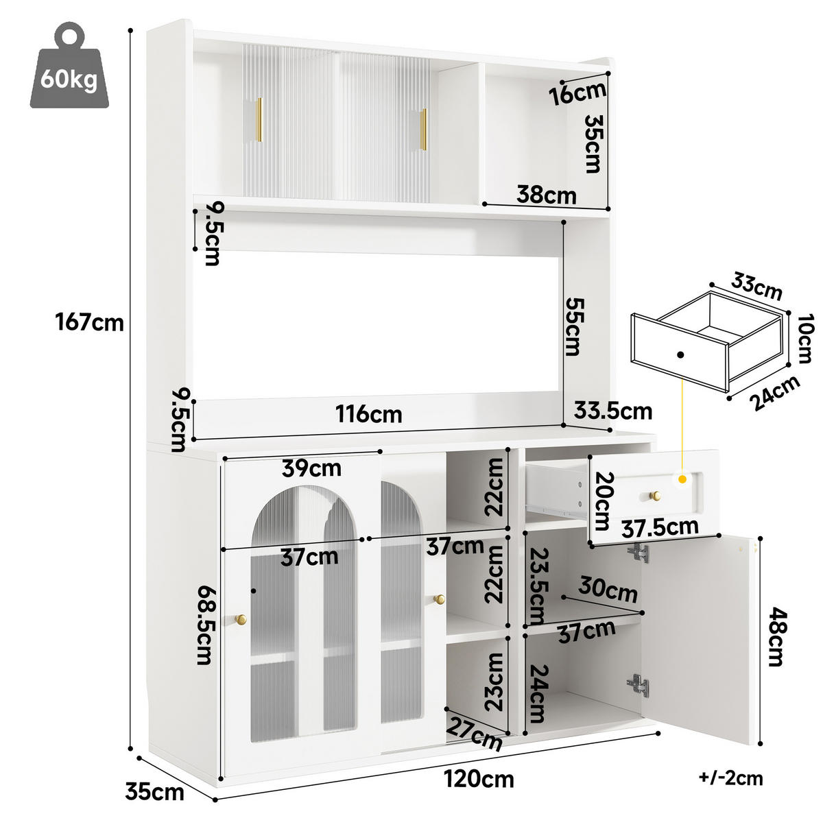 BUFFET 120/35/167 cm aus MDF und Holzwerkstoff mit LED-Beleuchtung Weiß - Weiß, Holzwerkstoff (120/167/35cm) - Modenvie