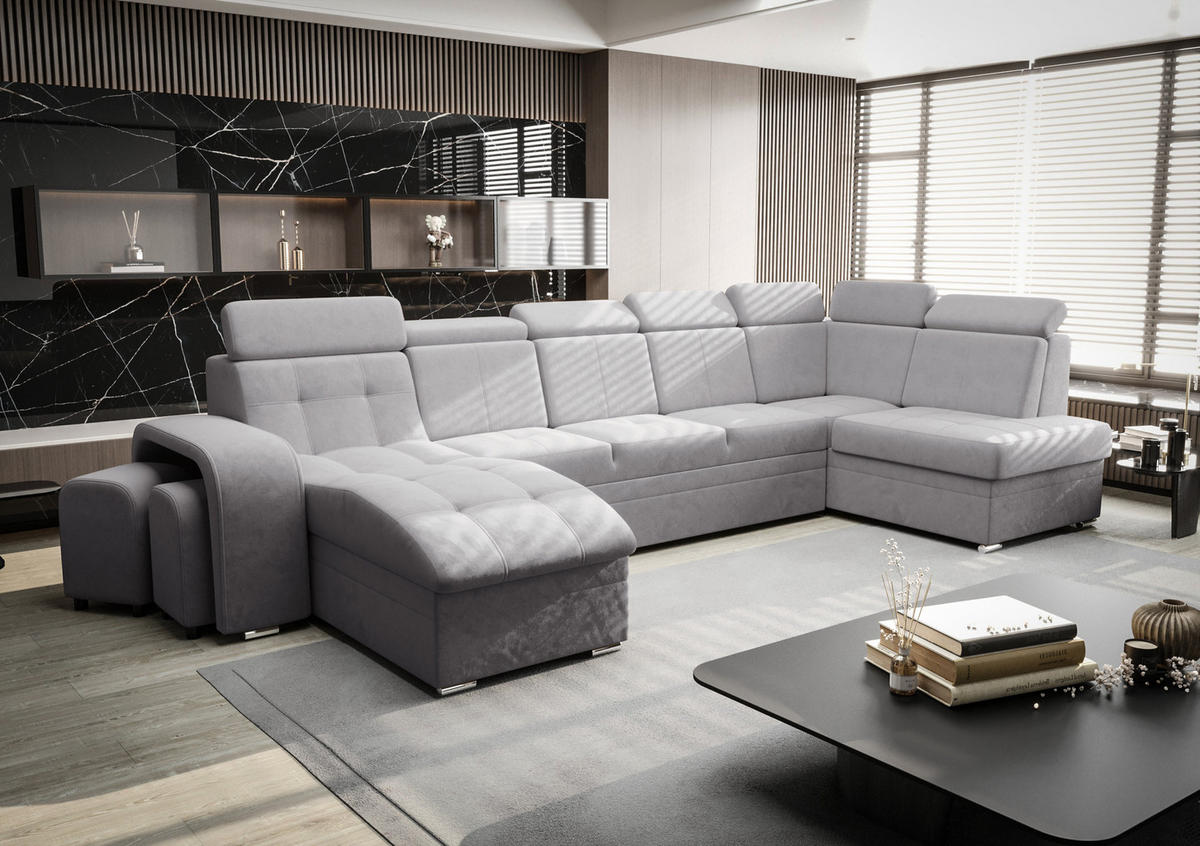 WOHNLANDSCHAFT KONGO RBN13, Eckcouch in U-Form mit Schlaffunktion, Farbe: Grau, Velourstoff, Ottomane Links - Grau, Textil (392/108/180cm) - O-Sofa