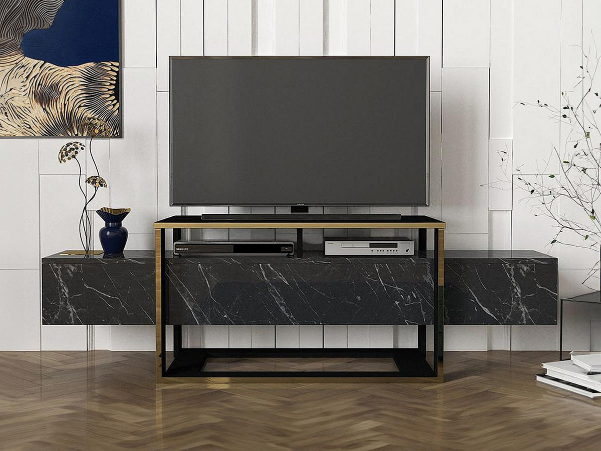 TV-MÖBEL mit 2 Ablagen - Marmor-Optik - Schwarz & Goldfarben - COMEBI - Schwarz, Holz (160/49.8/46.1cm) - Vente-Unique