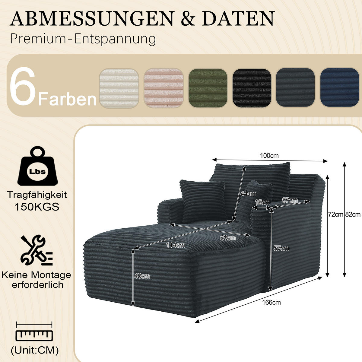 CHAISELONGUE aus Cord Dunkelgrau als Relaxsessel oder Schlafsofa - Dunkelgrau, Kunststoff (100/82/166cm) - Meubliv