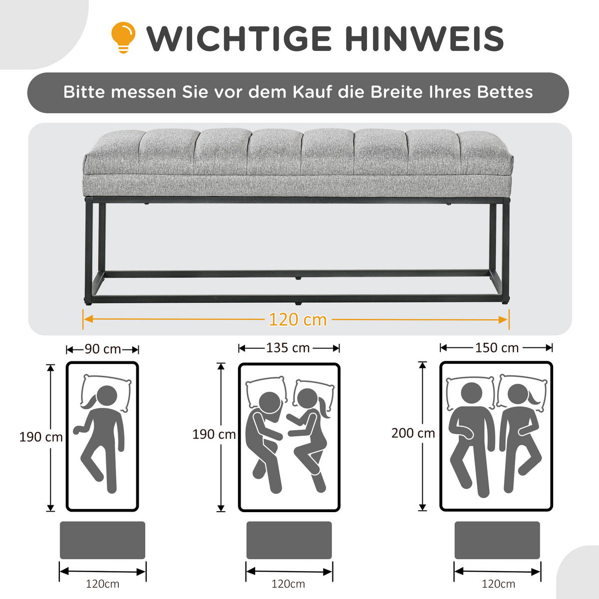 BETTBANK, für Wohnzimmer, bis 200 kg Belastbar, Stahl, Hellgrau - Hellgrau, Kunststoff (44/45.5/120cm) - HOMCOM