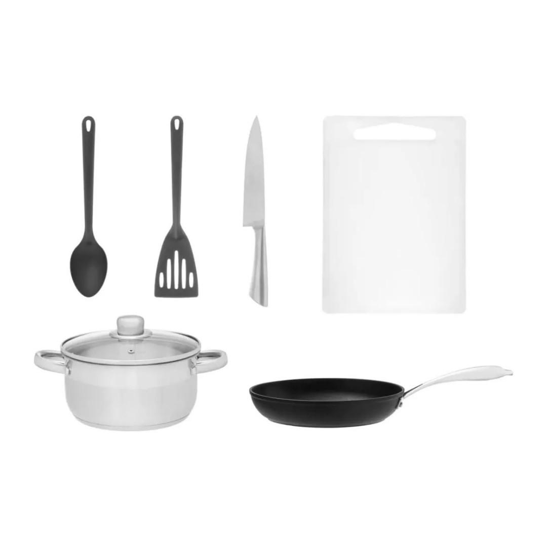 KOCHGESCHIRR Starterset 6-tlg mit Topf 20 cm, Pfanne 26 cm und Küchenzubehör - Schwarz/Weiß, Kunststoff/Metall (34.5/20/26cm) - JUNG