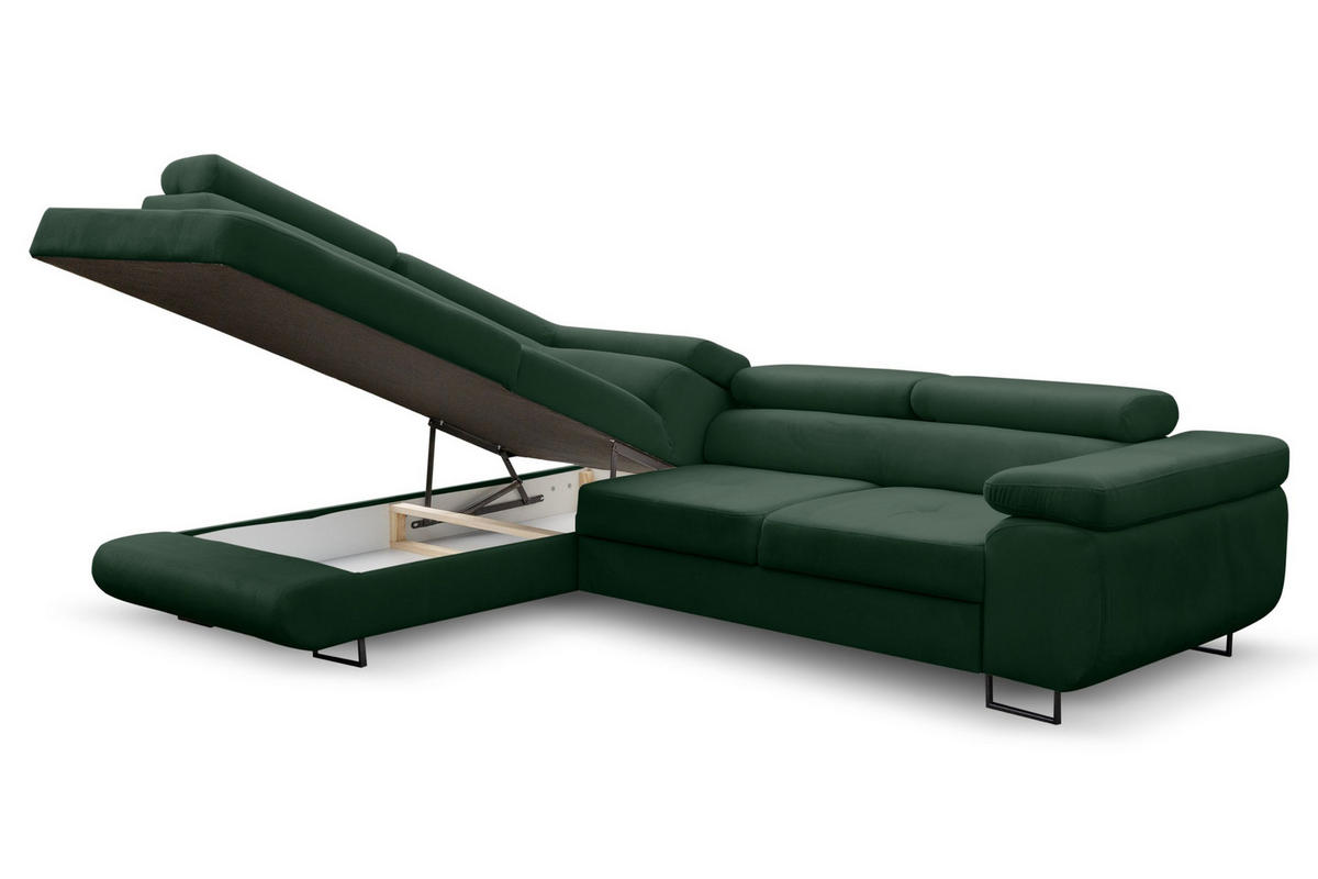 ECKSOFA Jerry in L-Form mit Schlaffunktion und Bettkasten, Farbe: Grün, Veloursstoff, Ottomane Links - Grün, Textil (202/275cm) - VENASI MÖBEL