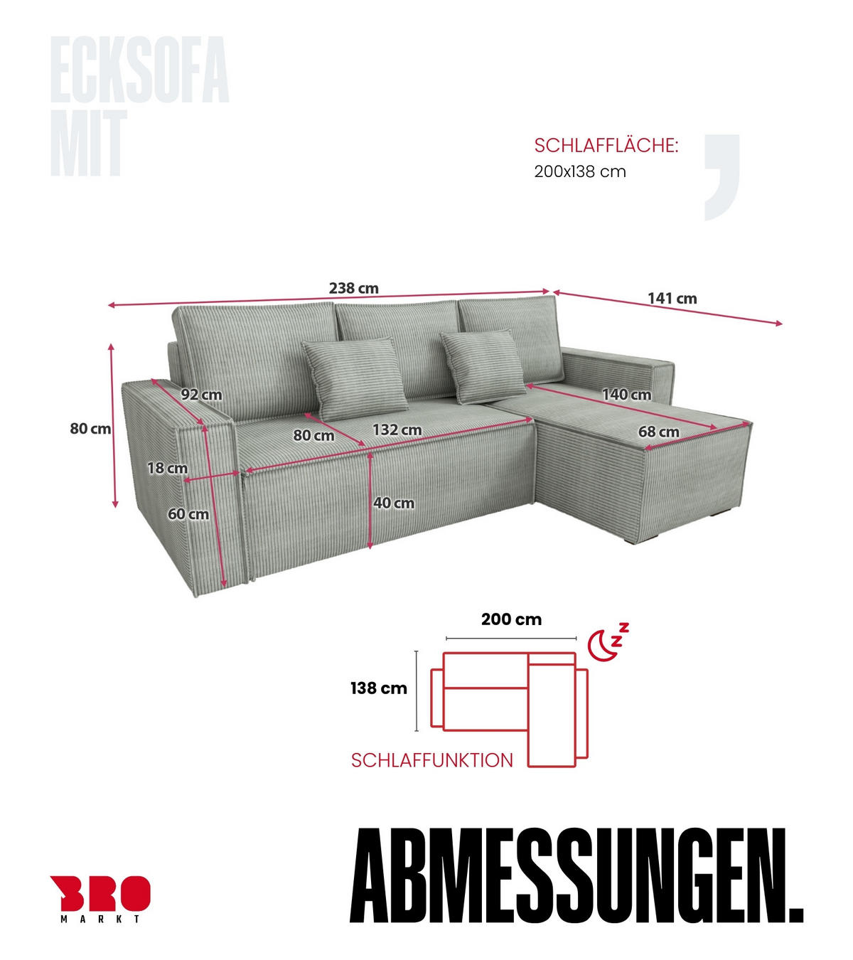 ECKSOFA Dexter mit Schlaffunktion Grau Cord - Hellgrau, Textil (238/141cm) - Bromarkt