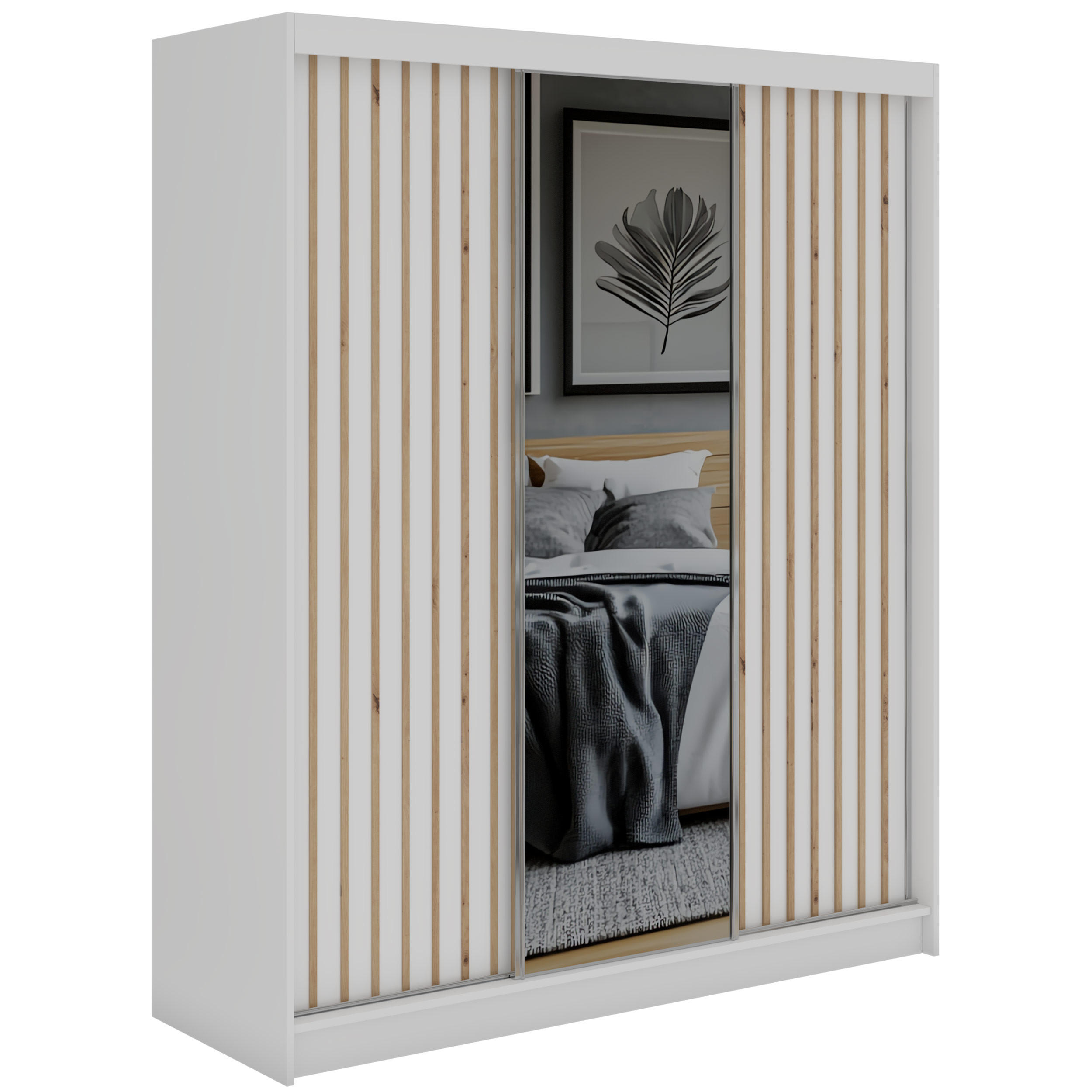 SCHWEBETÜRENSCHRANK mit Spiegel und Schubladen LAOS - 180 - Weiß - Eiche Artisan Lamellen - Alufarben/Weiß, Holzwerkstoff/Metall (180/216/61cm) - MKS