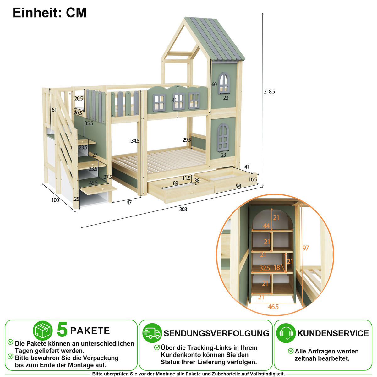 ETAGENBETT 90/200 cm in Grün mit Stauraumleiter, Schubladen und Regalen - Naturfarben/Grün, Holz/Holzwerkstoff (90/200cm) - CHICFURN