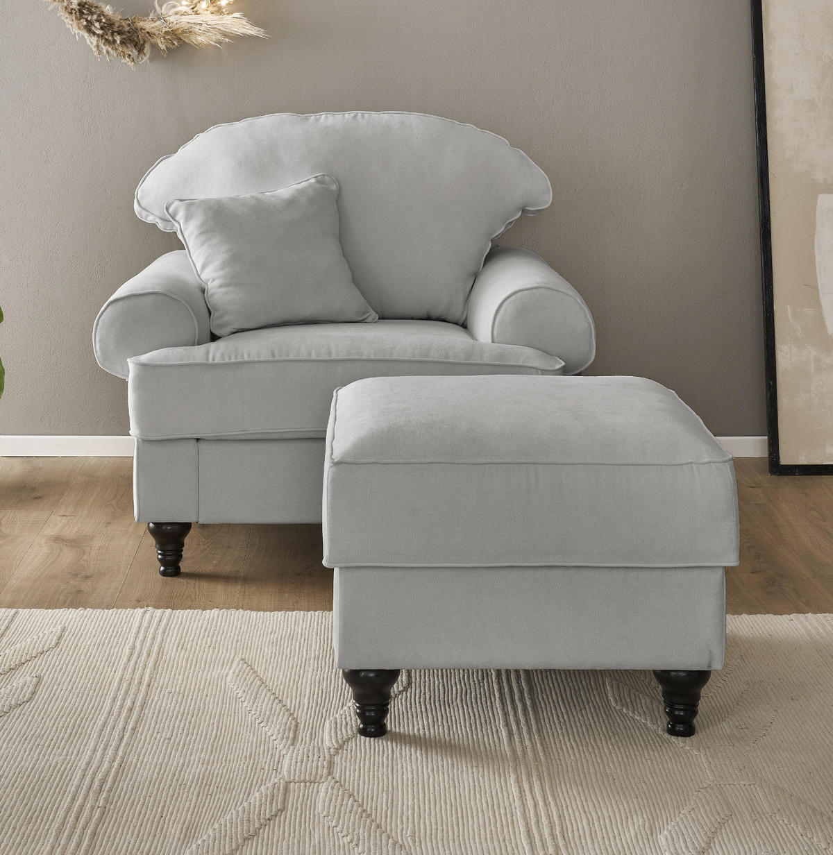 SESSEL-SET hellgrau Landhaus, Loungesessel inklusive Hocker - Hellgrau/Braun, Holz/Textil (175/95/110cm) - Furn.Design