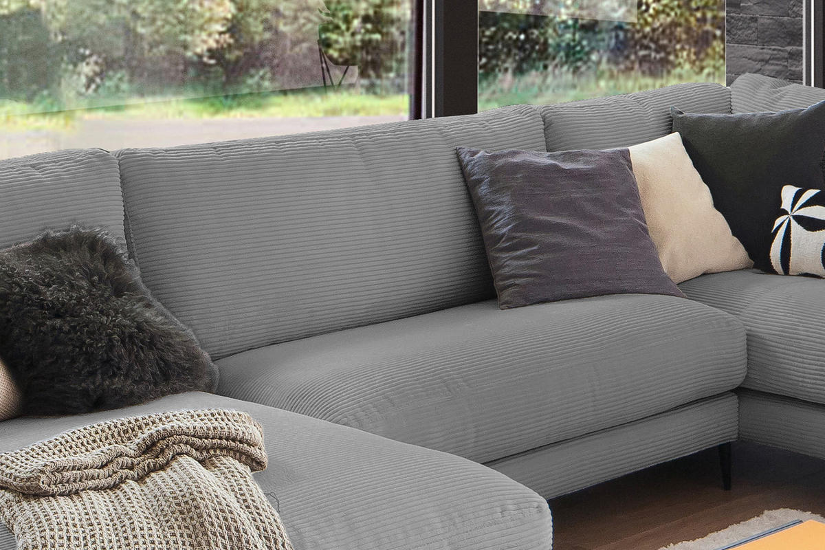 WOHNLANDSCHAFT CARA Grau Cord - Schwarz/Grau, Textil (341/84/223cm) - KAWOLA