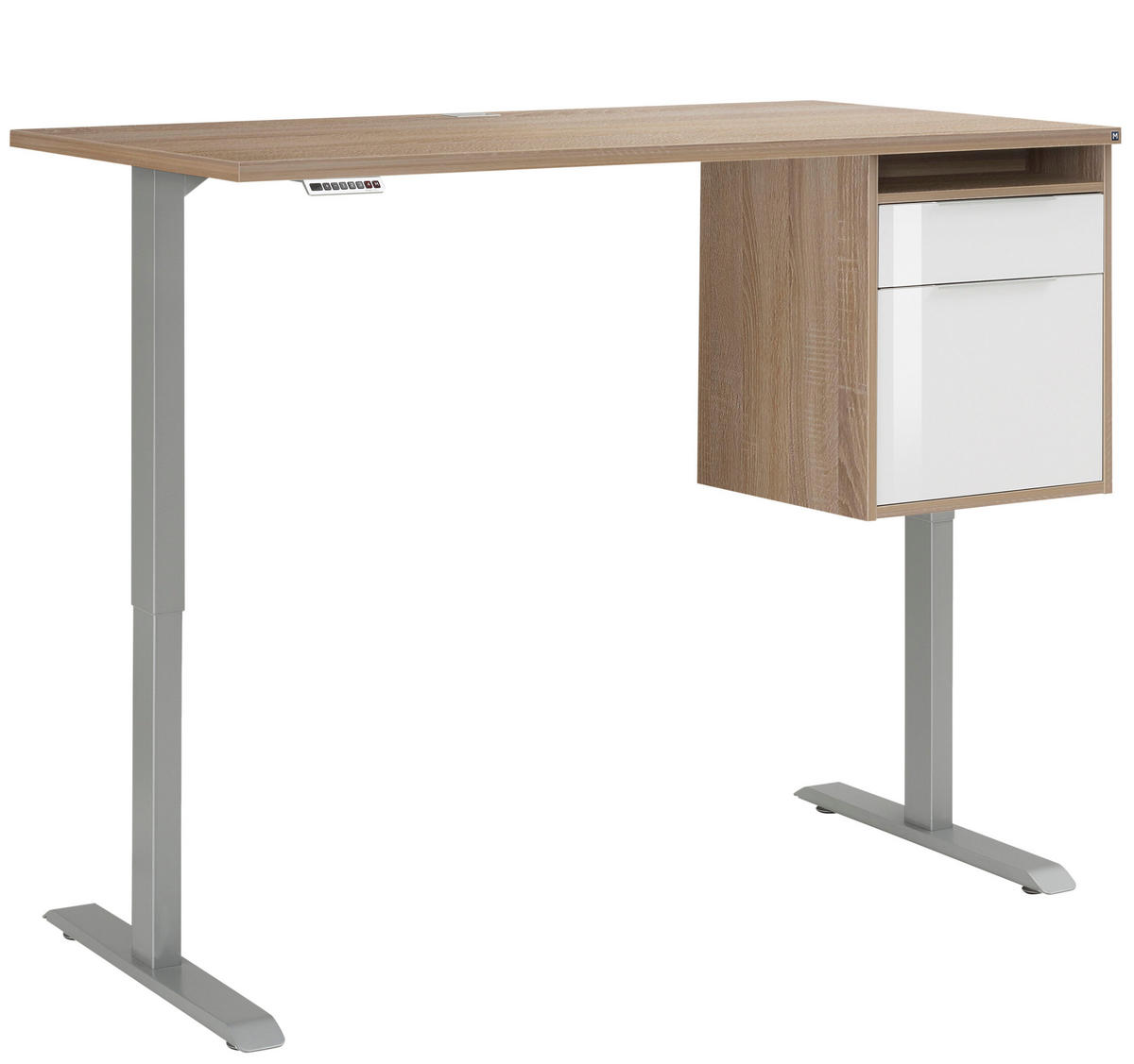 SCHREIBTISCH mit Hängecontainer Platingrau, Eiche Sonoma und Weiß 150x80cm, elektrisch höhenverstellbar – von MAJA Möbel – Container rechts - Grau, Holzwerkstoff (80/150/70.5cm)