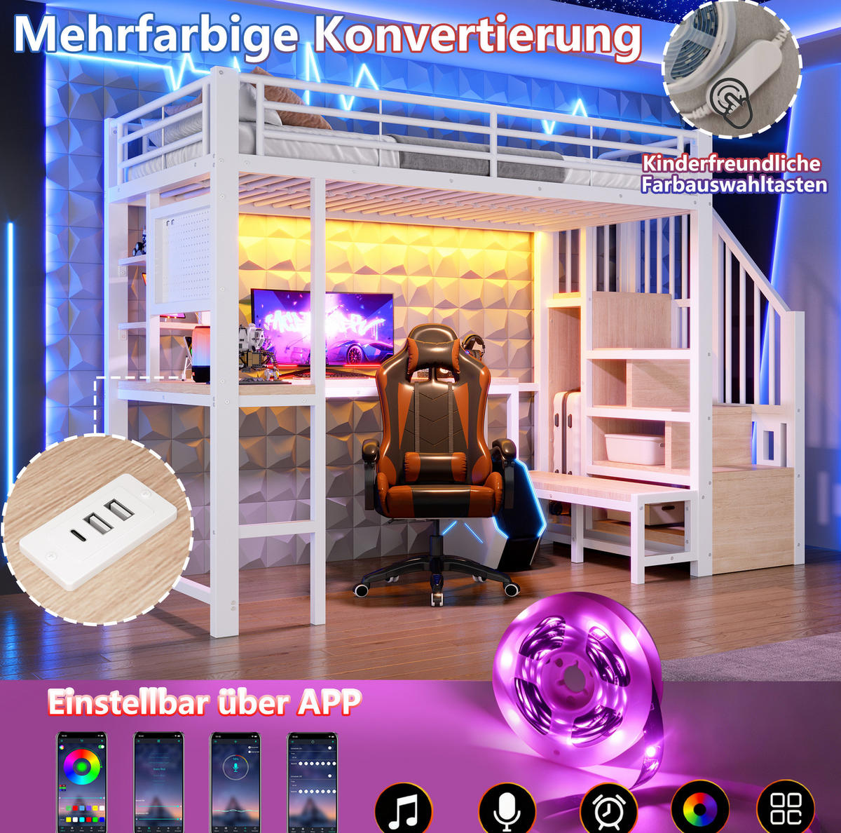 HOCHBETT Metall/MDF 90x200 cm Weiß mit Schreibtisch, Stauraumtreppe, Regalen, Lochwand, LED & USB - Weiß, Holzwerkstoff (90/200cm) - Modfu