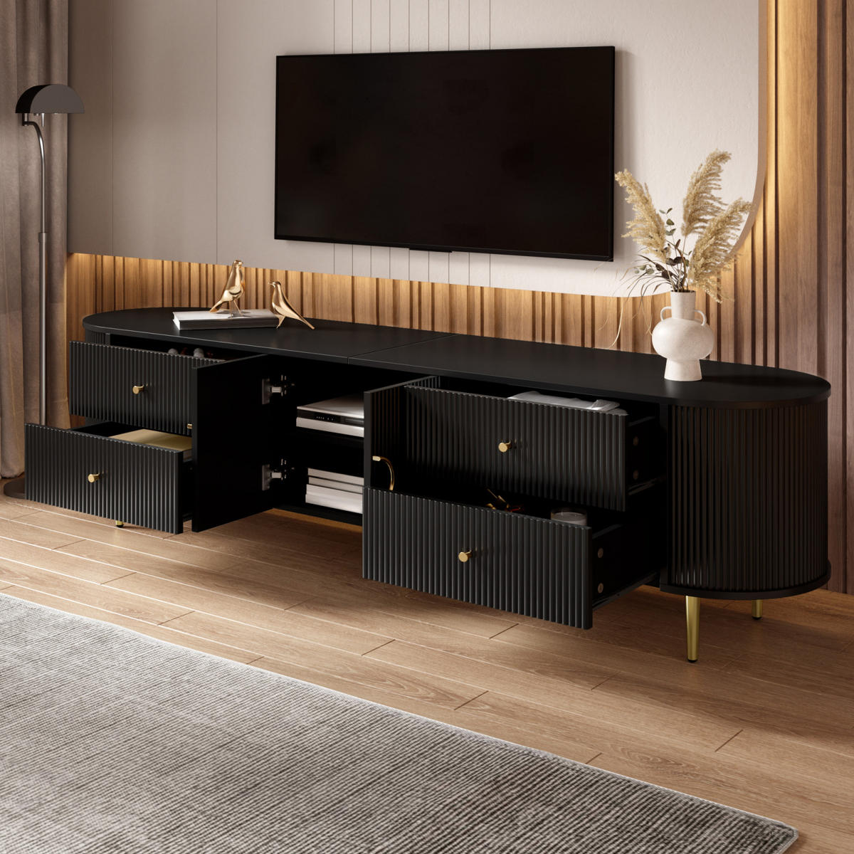 TV-LOWBOARD 180 x 40 x 53 cm aus MDF, Wellenfront, 2 Türen, Schubladen, Metallfüße, Schwarz - Schwarz, Holzwerkstoff (180/53/40cm)