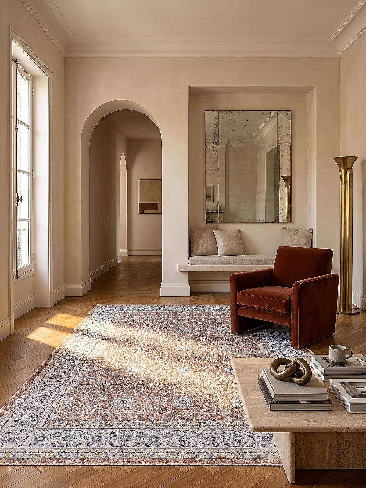 TEPPICH Kurzflor, waschbar, mit floralen Ornamenten, VERNANTE in Terrakotta-Creme, 140 x 200 cm - Rot, Textil (140/200cm) - KADIMA DESIGN