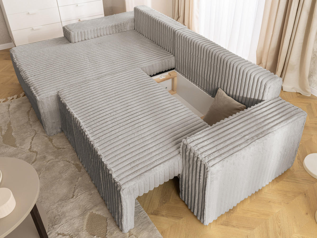 ECKSOFA Rivio mit Schlaffunktion und Bettkasten, Plüschcord Hellgrau - Hellgrau/Schwarz, Holz/Kunststoff (149/262cm) - S-Style