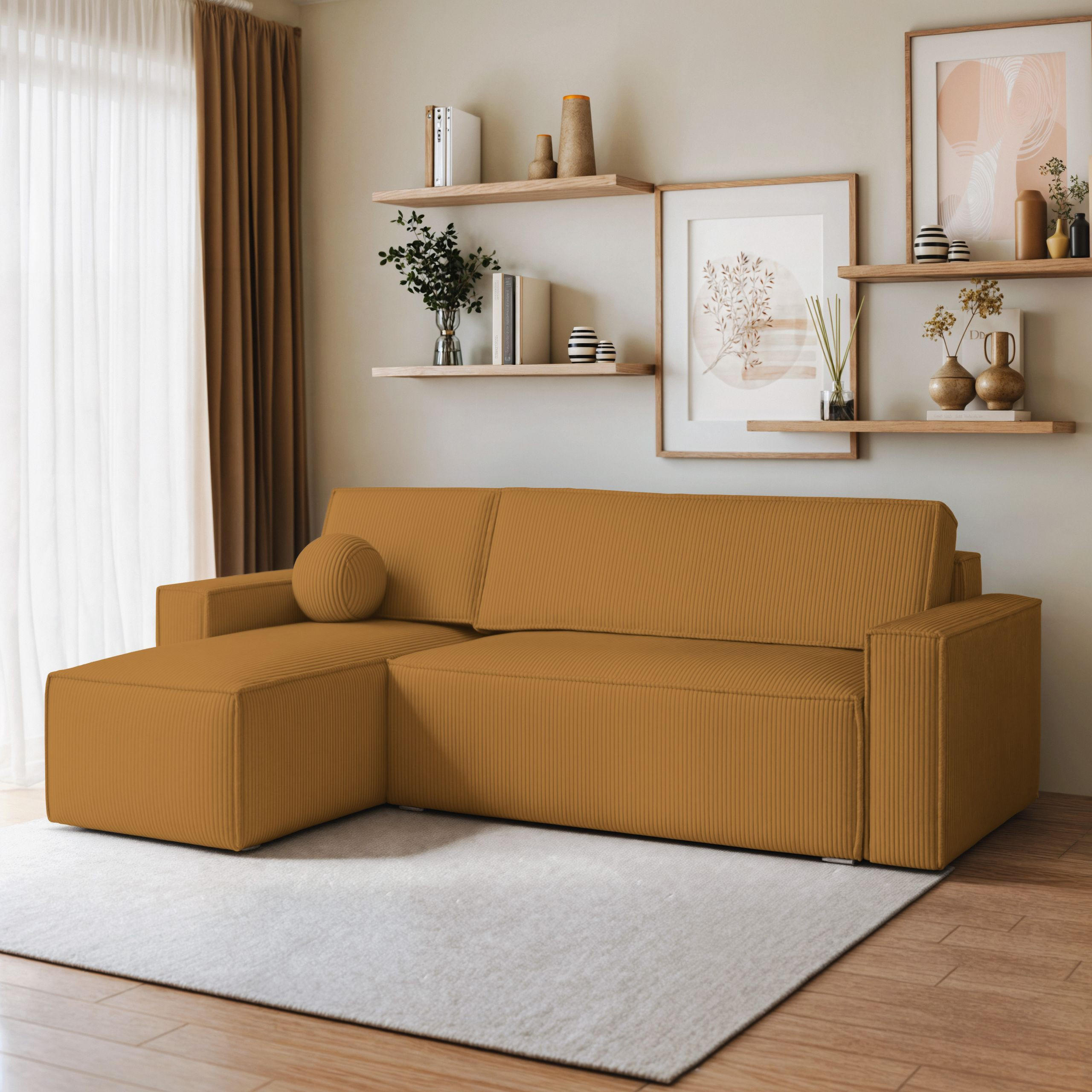 ECKSOFA RAVELO P Gelb Kordstoff mit Schlaffunktion - Gelb, Holz (240/140cm) - MASSENO