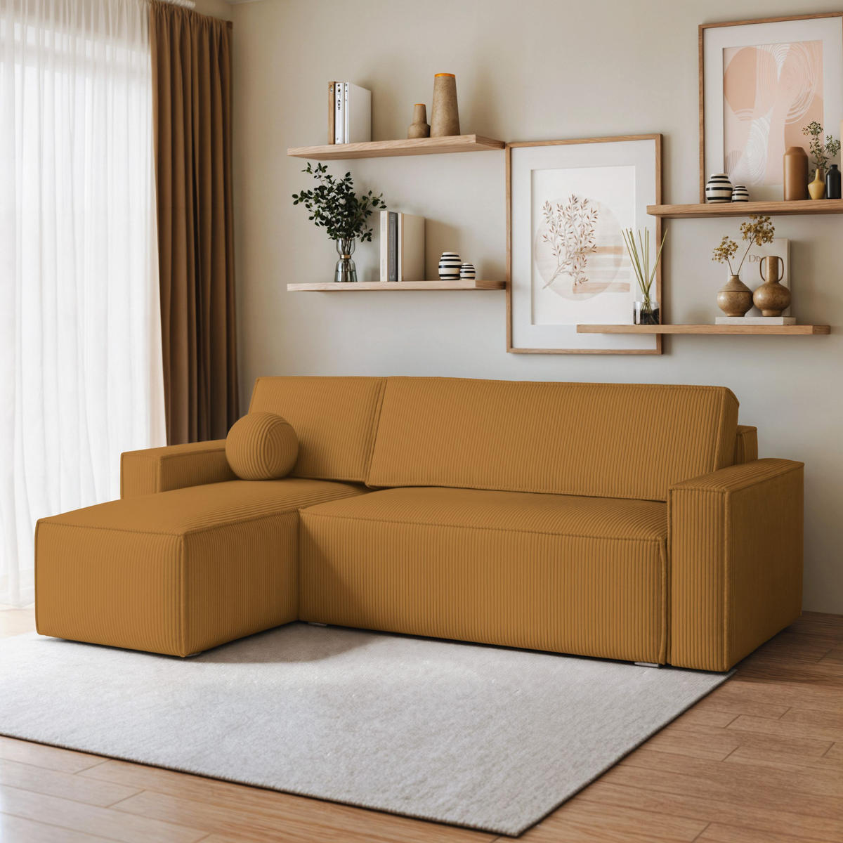 ECKSOFA RAVELO P Gelb Kordstoff mit Schlaffunktion - Gelb, Holz (240/140cm) - MASSENO