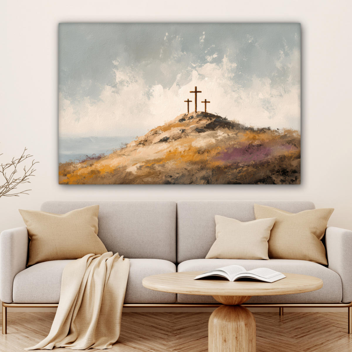 LEINWANDBILD Hügel - Abstrakt - Christentum - Kreuz Groß 140x90 cm - Hellgrau, Textil (140/90cm) - MuchoWow