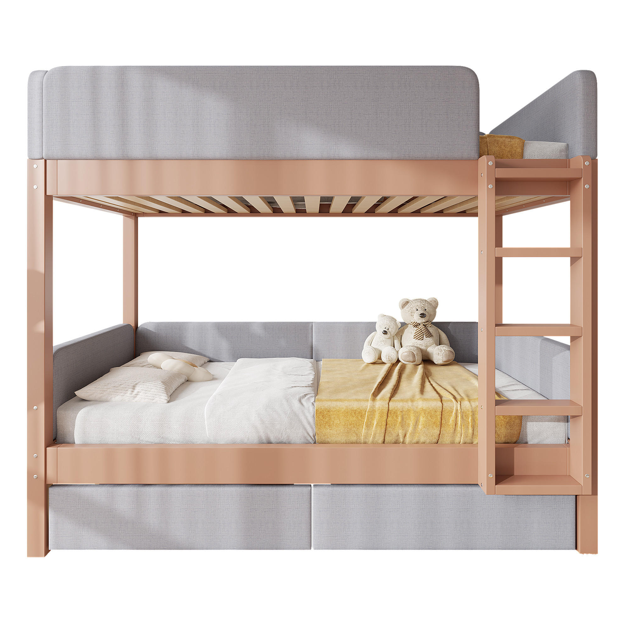 ETAGENBETT 90/200 cm grau/natur aus Kautschukholz und MDF mit Treppe und 2 Schubladen - Grau, Holz (90/200cm) - OKWISH