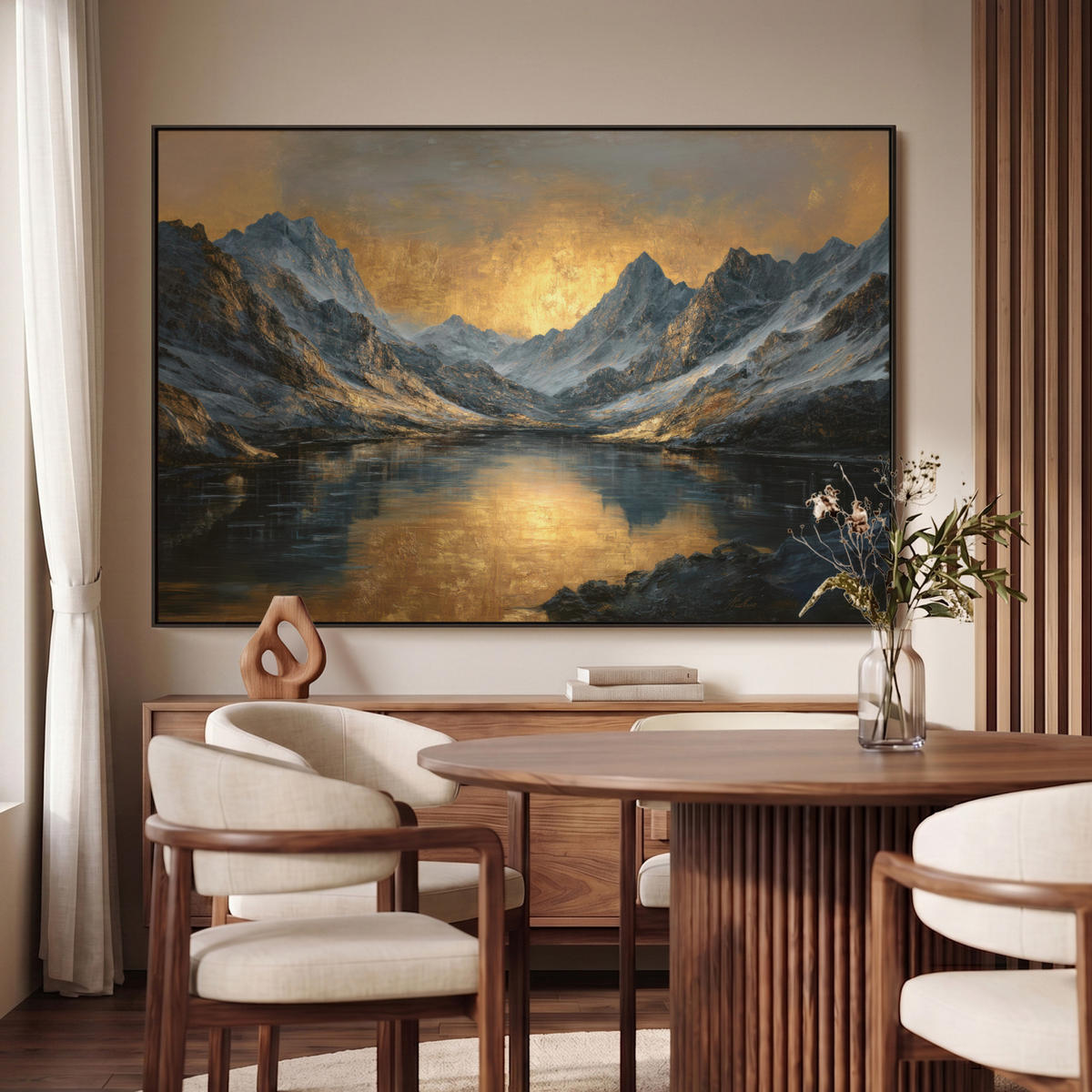 LEINWAND Bilder mit Rahmen - Bergkulisse mit goldenem Sonnenuntergang - 150x100 - Goldfarben, Textil (150/100cm) - MuchoWow