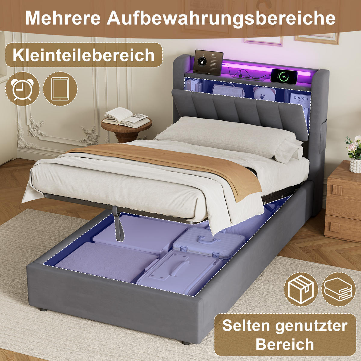 POLSTERBETT 90/190 cm in Dunkelgrau Samt mit Bettkasten und gepolstertes Kopfteil - Dunkelgrau, Holzwerkstoff/Textil (90/190cm) - CHICFURN