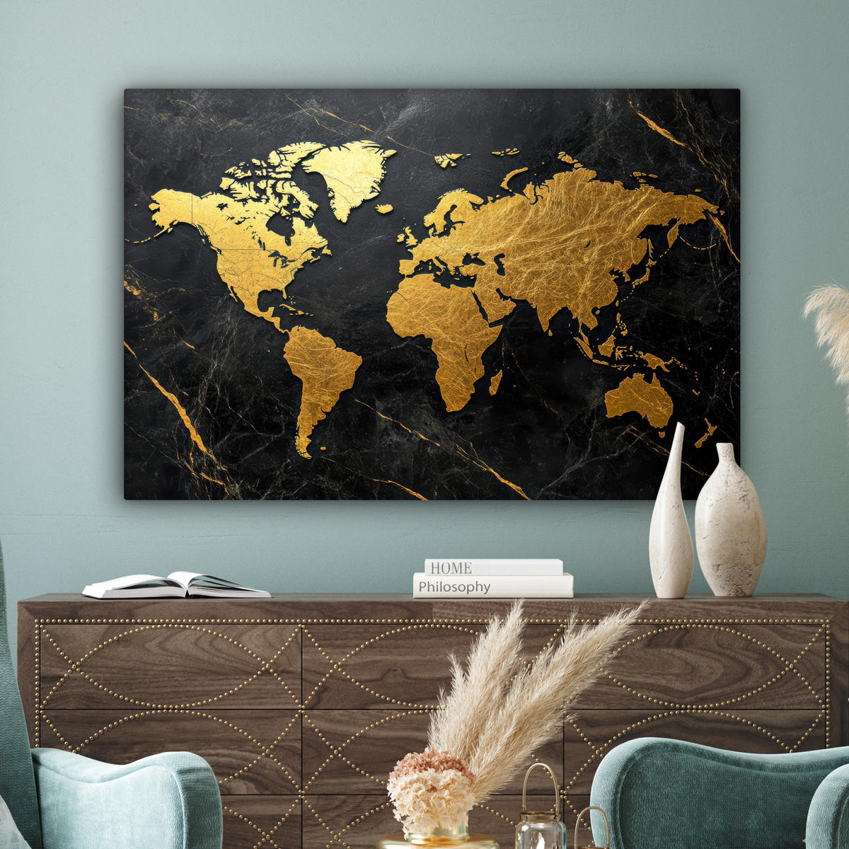 LEINWANDBILD Weltkarte - Gold - Marmor Wohnzimmer 120x80 cm - Goldfarben, Textil (120/80cm) - MuchoWow