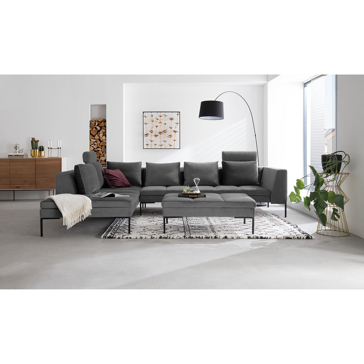 ECKSOFA mit Ottomane - Schwarz/Grau, Textil/Metall (319/230cm) - home24