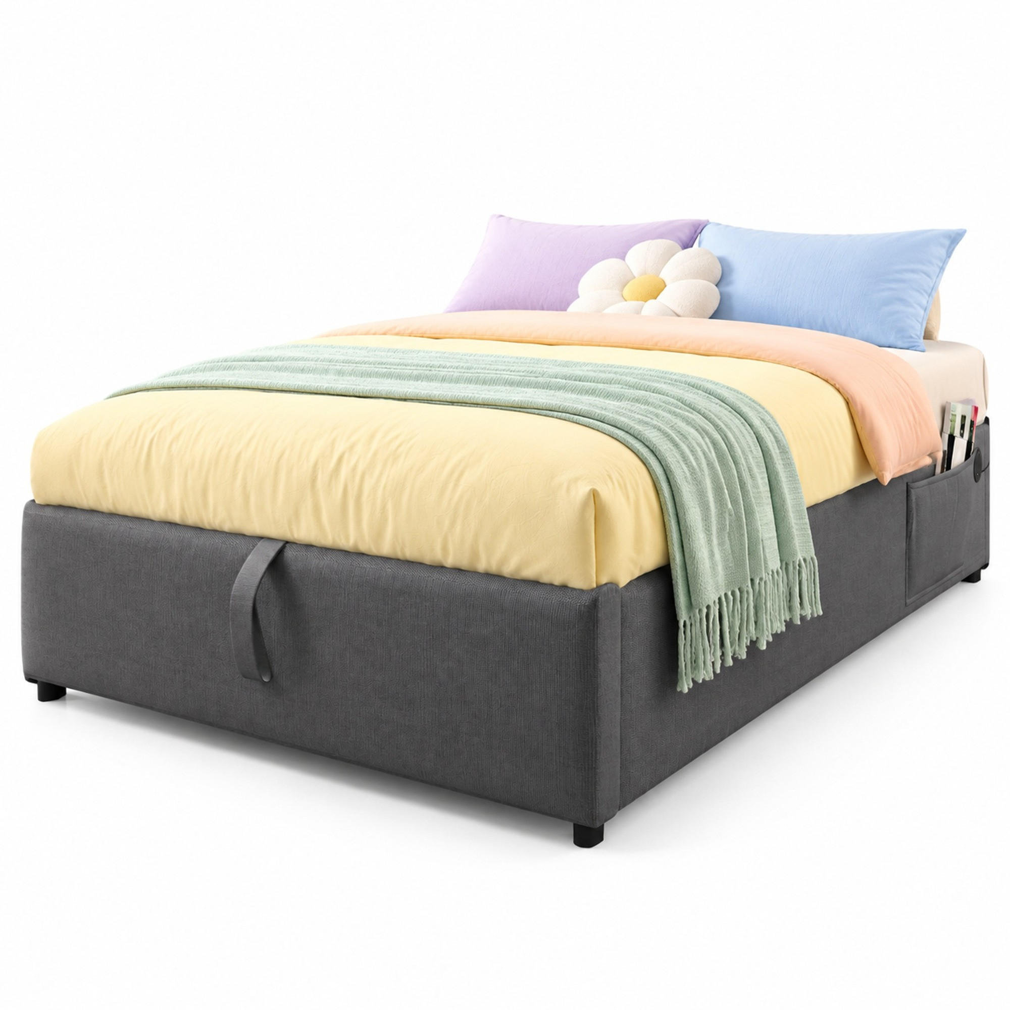 POLSTERBETT 90/200 mit Bettkasten und USB-C-Ladefunktion in Grau - Grau, Holzwerkstoff/Textil (90/200cm) - EVRYAE