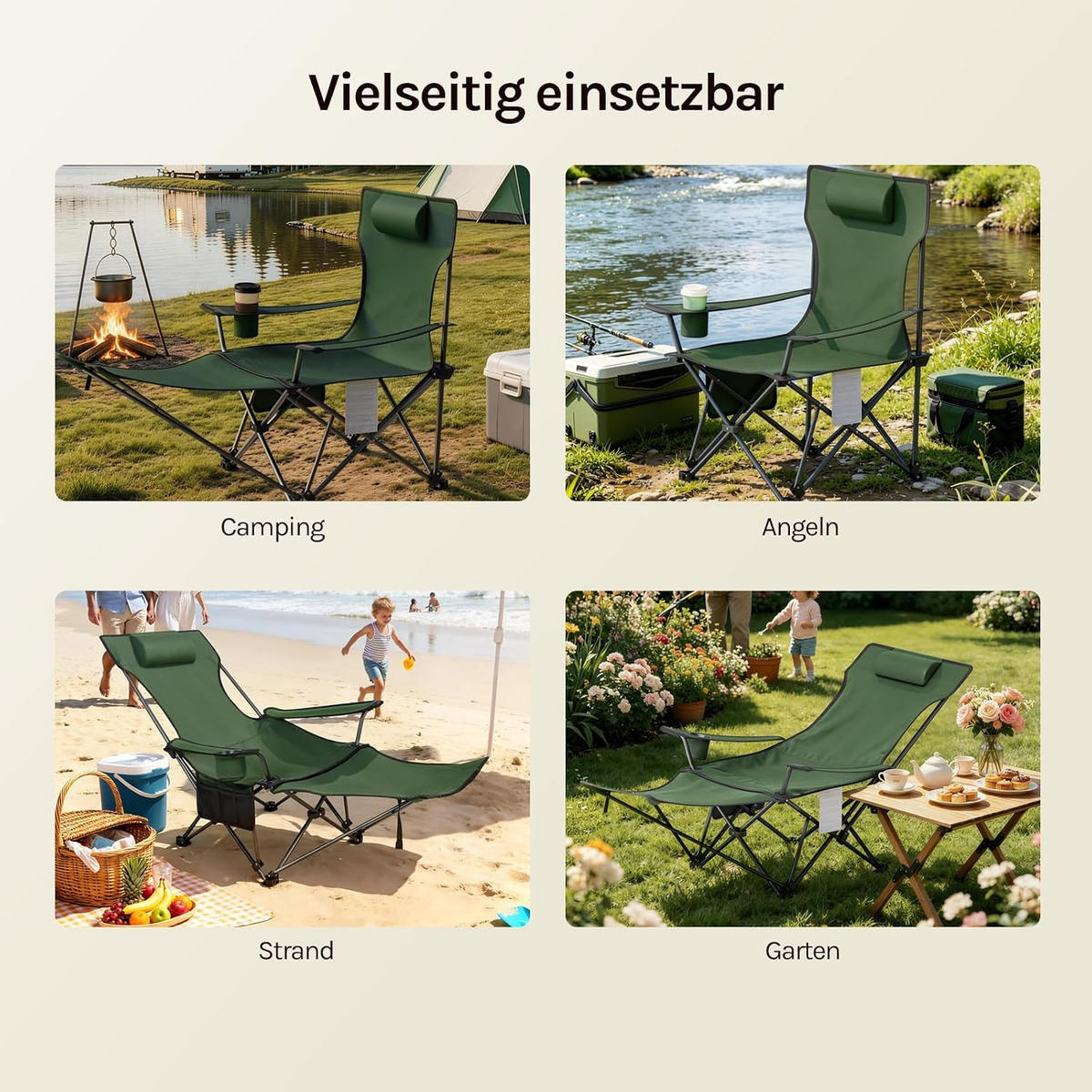 CAMPINGSTUHL Faltbar mit Fußablage Grün - Grün, Textil (84/88.5/160cm) - Woltu