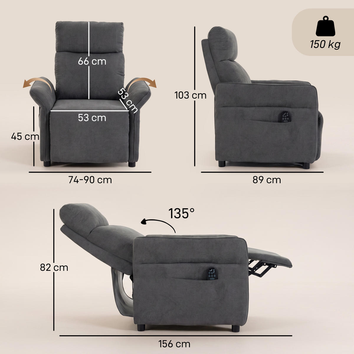 RELAXSESSEL Polyester Dunkelgrau - Dunkelgrau, Kunststoff/Textil (74/103/89cm) - HOMCOM