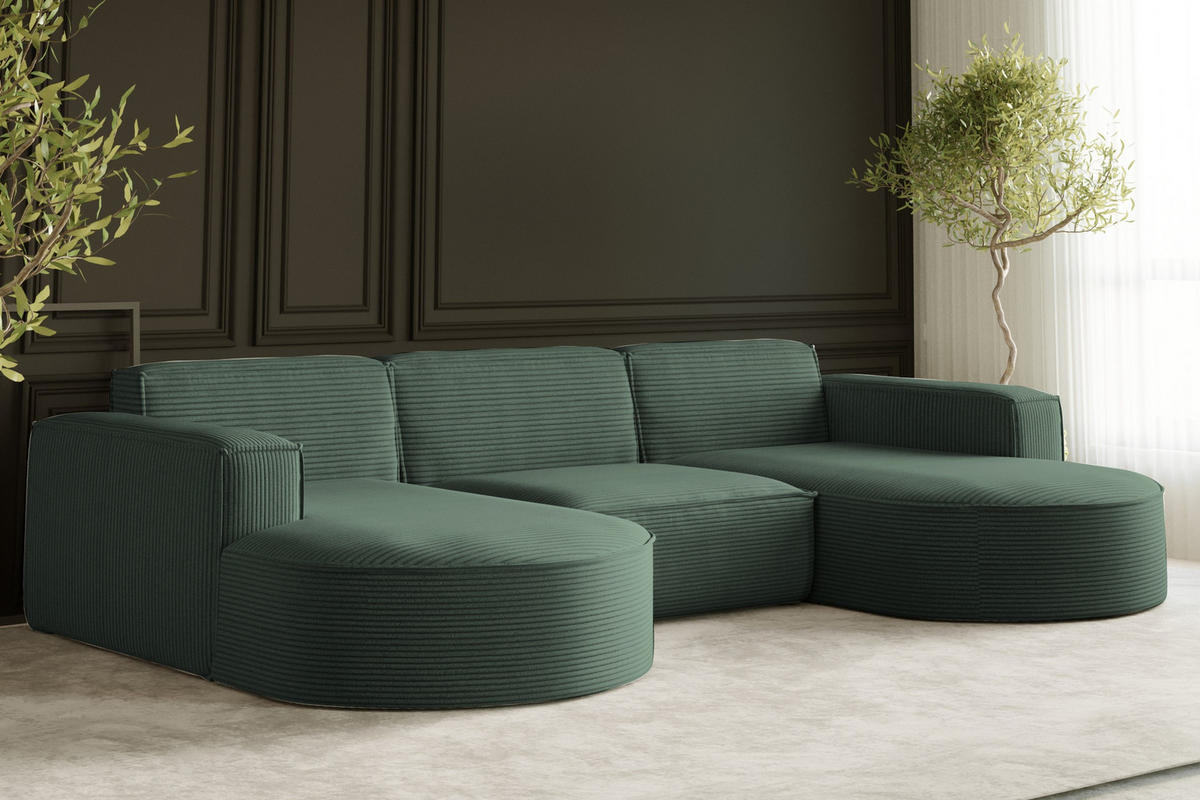 ECKSOFA Designer MODENA U STUDIO Stoff Dicker Cord Grün - Grün, Holz (165/299cm) - Kaiser Möbel