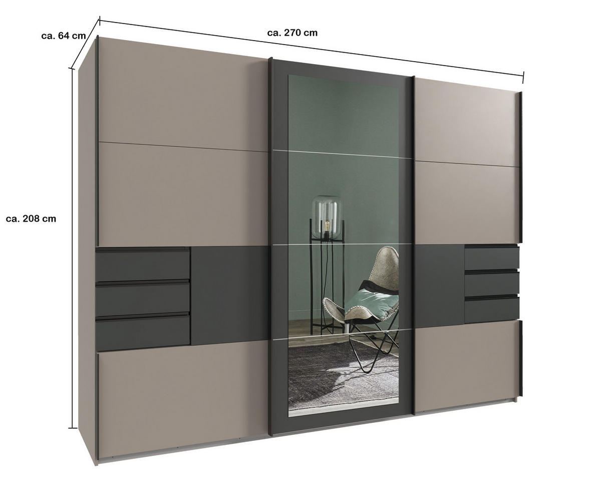 SCHWEBETÜRENSCHRANK 3-türig mit Spiegel, Schubladen, Vollausstattung in Sand Grau mit Absetzungen in Grafit, B270/H208/64 cm / 22507 - Sandfarben/Schwarz, Holzwerkstoff/Metall (270/208/64cm) - luma-home