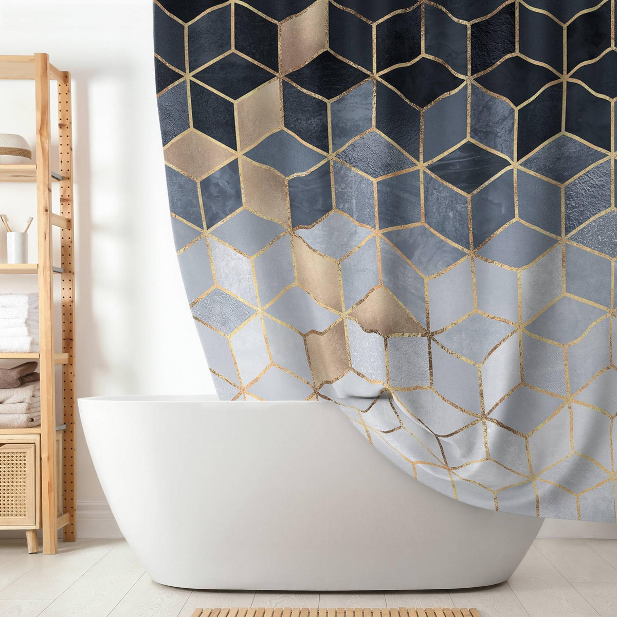 DUSCHVORHANG Blau Weiß goldene Geometrie 200/180 cm - Goldfarben, Textil (200/180cm) - Bilderwelten