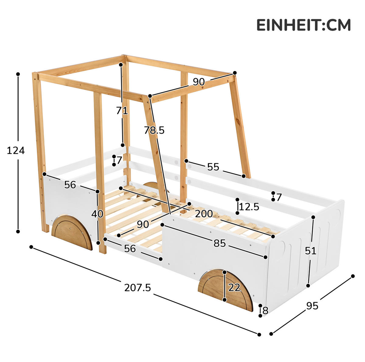 KINDERBETT 90/200 cm in Autoform mit Rundum-Schutz und MDF-Rädern, Weiß/Natur - Weiß, Holz (90/200cm) - Redom