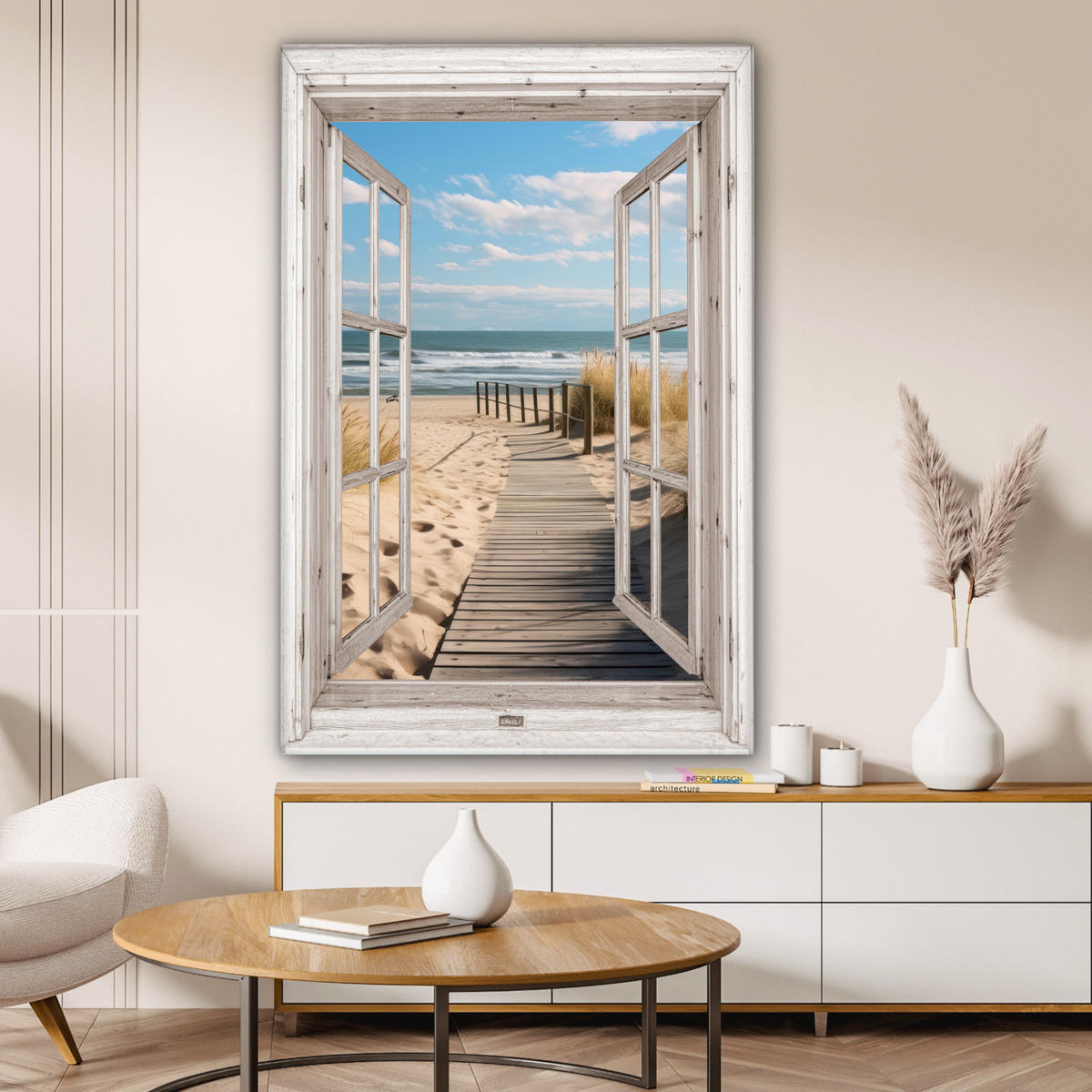 LEINWANDBILD Fenster - Meer - Küste - Natur - Ausblick - Strand - Wattenmeer Deko XXL 80x120 cm - Beige, Textil (80/120cm) - MuchoWow