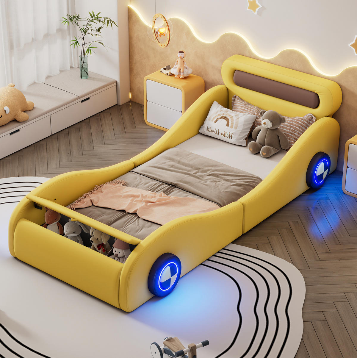 POLSTERBETT 90/200 cm gelb aus PU mit LED-Rädern und Stauraum - Gelb, Kunststoff (90/200cm) - OKWISH