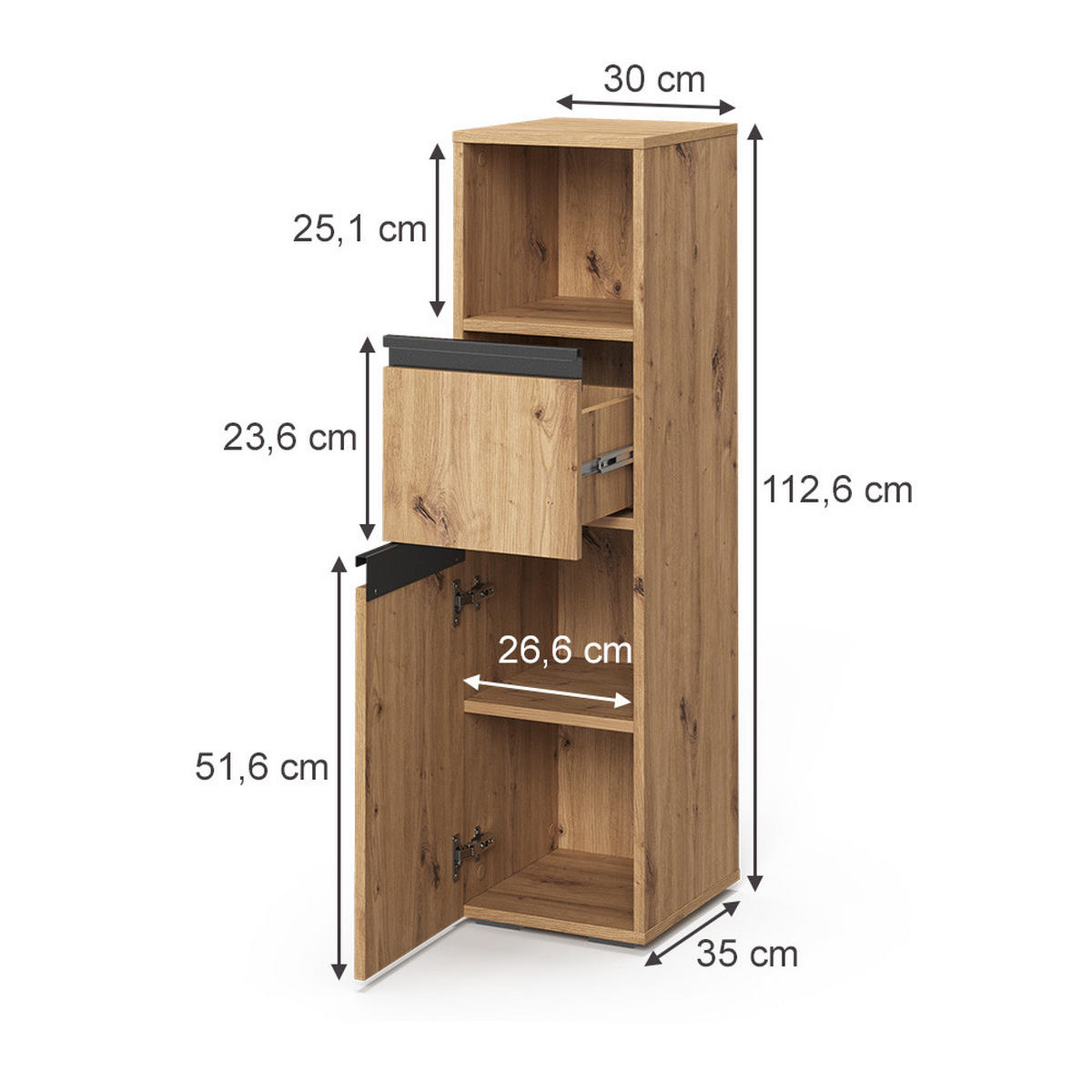 MIDISCHRANK Torren Artisan 30 x 112.6 cm mit Schublade - Hellgrau, Holzwerkstoff (30/112.6/35cm) - Vicco