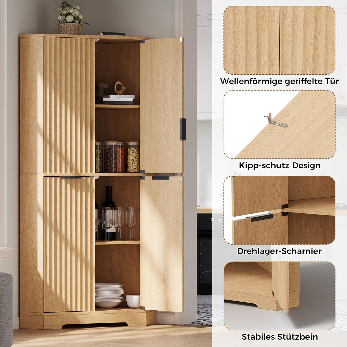 ECKSCHRANK Aufbewahrungsschrank Naturholz-Optik 4 Türen & Böden 172cm - Naturfarben, Holzwerkstoff (60/172/60cm) - Urban Meuble