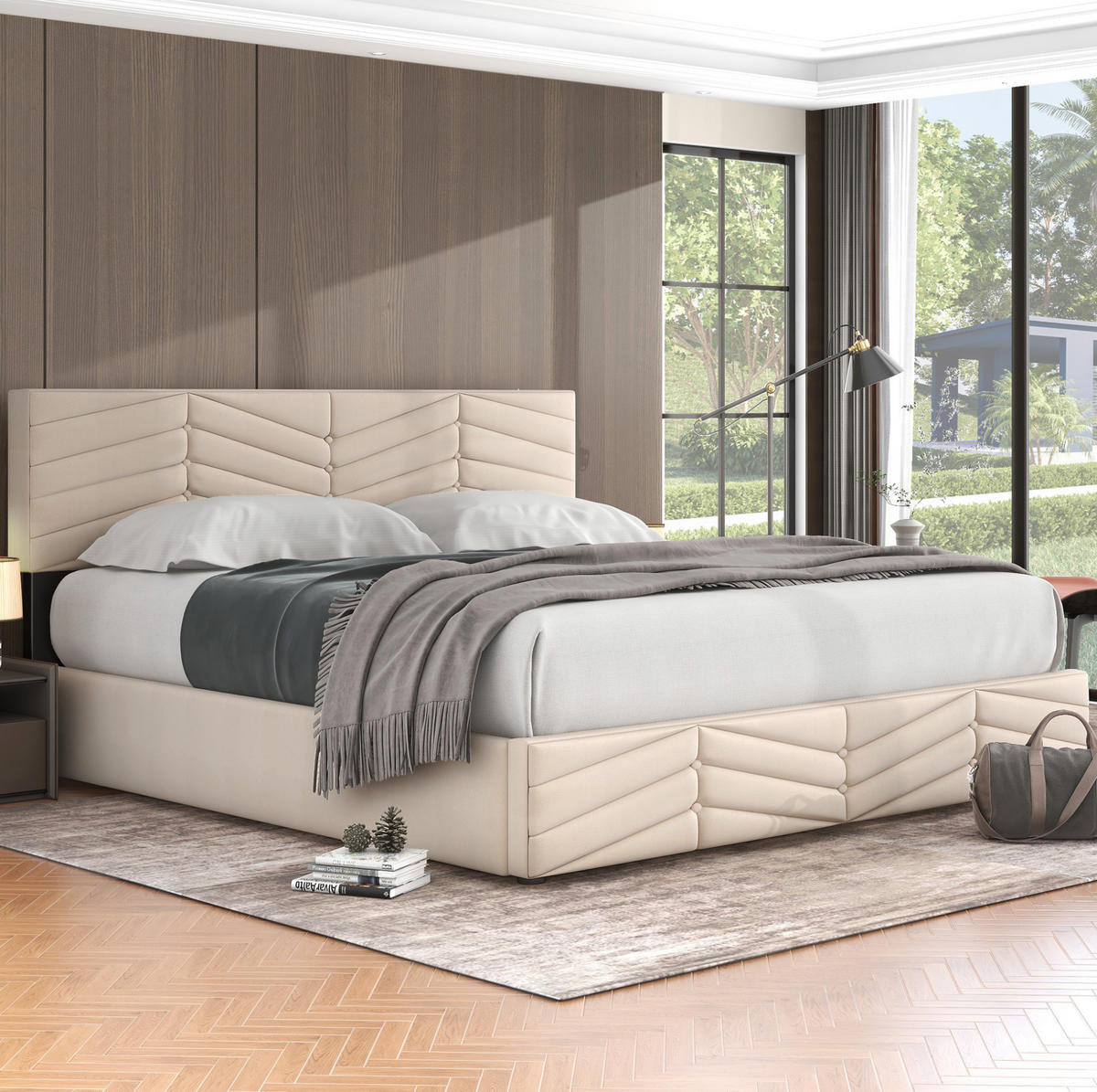 POLSTERBETT 180/200 cm beige mit hydraulischem Bettkasten und höhenverstellbarem Kopfteil - Beige, Textil (180/200cm) - OKWISH