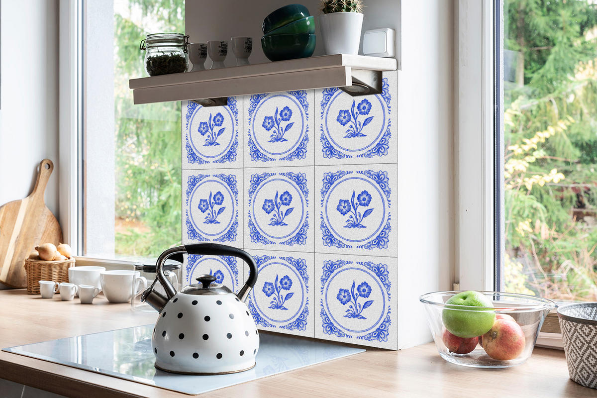 FLIESENAUFKLEBER 9 Stück 30x30 cm selbstklebend Azulejos-Blume - Blau, Textil (30/1.6/30cm) - TULUP