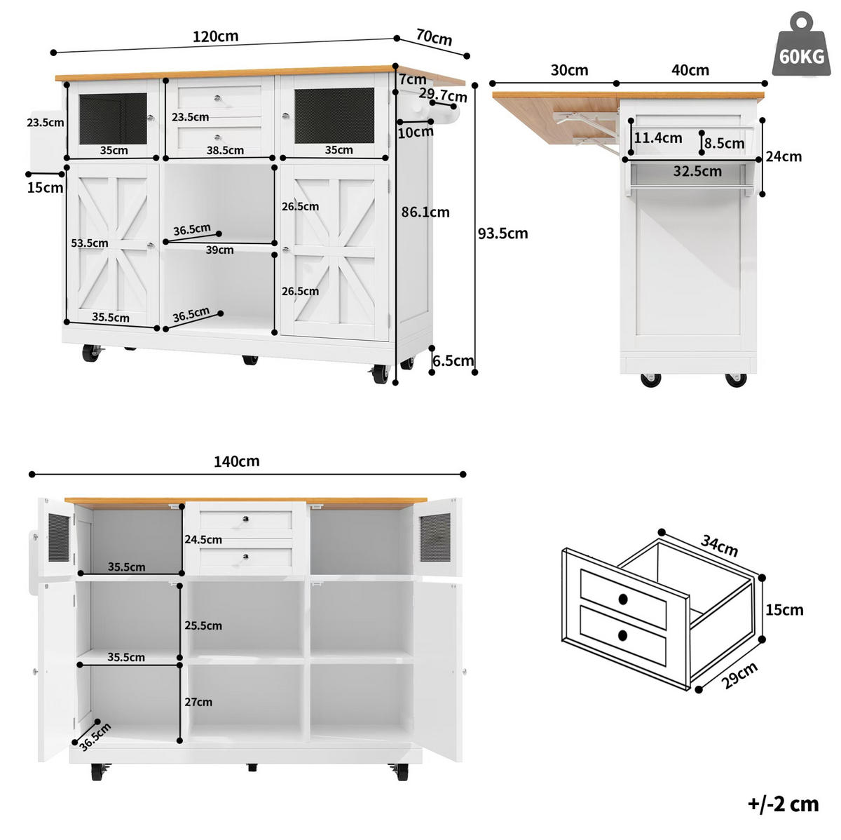 ESSWAGEN/WEINSCHRANK 140x70x93.5cm mit Metallgittern & 5 Rollen - Weiß, Holzwerkstoff (140/93.5/70cm) - Modfu