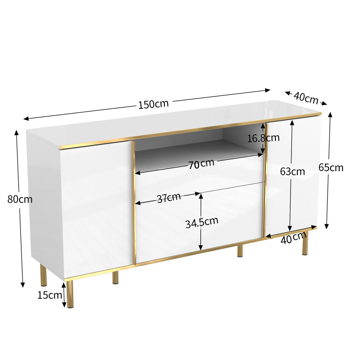 SIDEBOARD in Weiß Kommode mit Schublade und Stauraum für Wohnzimmer und Schlafzimmer, B150/T40/H80cm - Goldfarben/Weiß, Holzwerkstoff/Metall (150/80/40cm) - STILVORA